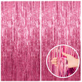 Two pink tinsel foil fringe backdrops, one held by a hand in a circular inset.