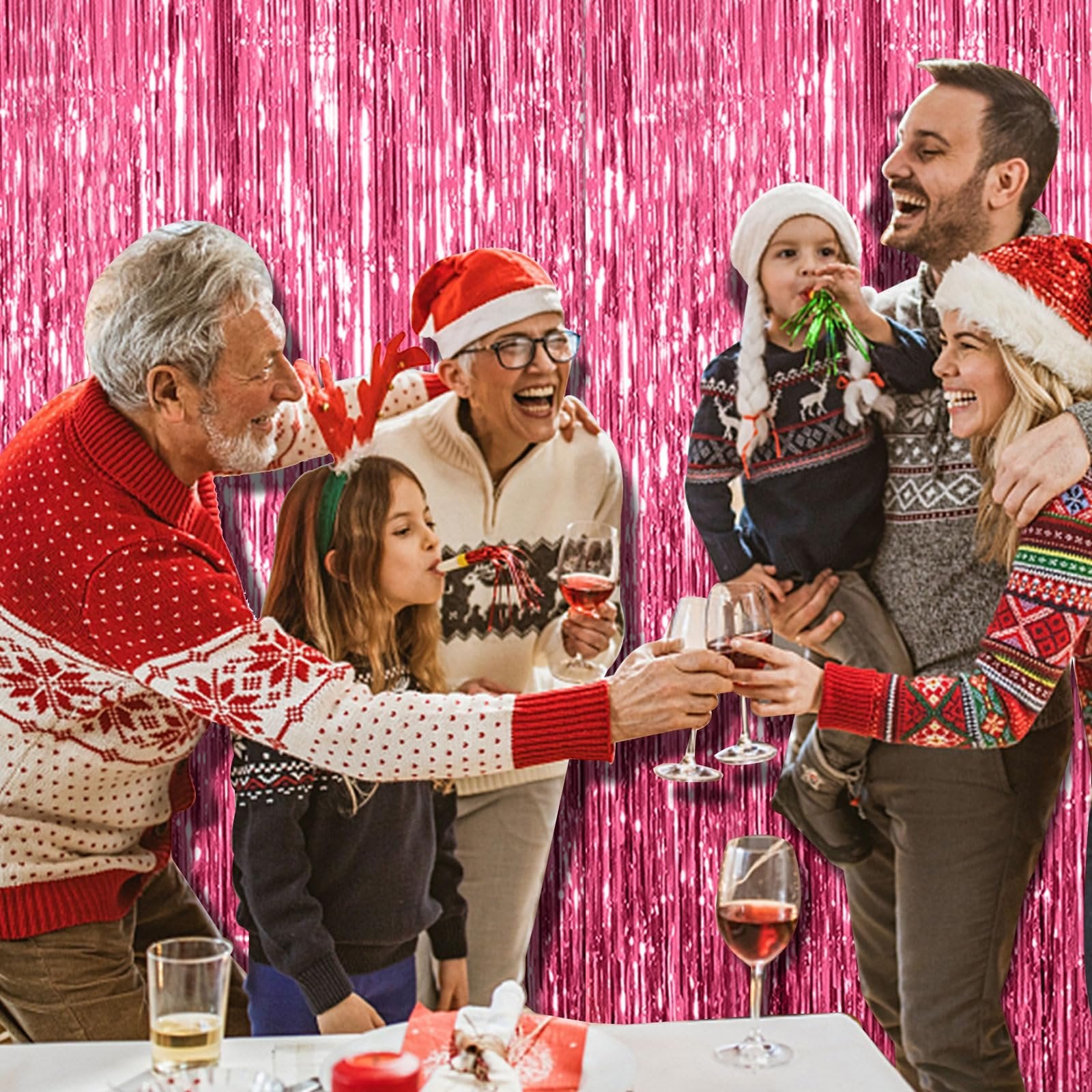 Family celebrating with drinks and party blowers in front of a pink tinsel fringe backdrop.