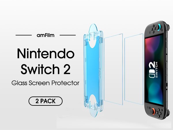 Nintendo Switch 2 glass screen protector kit with alignment tool and two protectors shown next to the console.