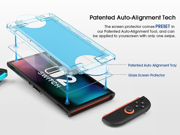 Nintendo Switch screen protector installation with auto-alignment tray and glass protector shown