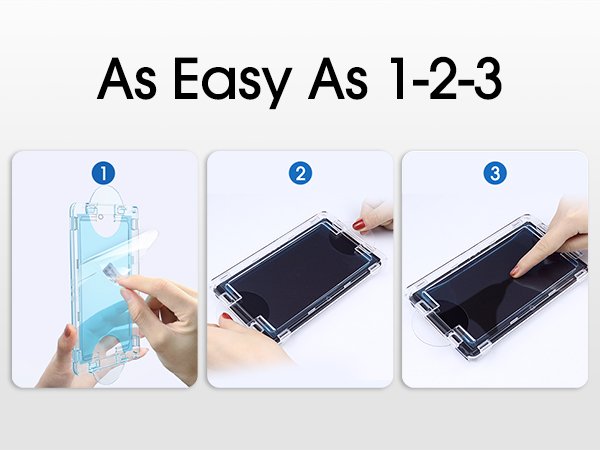 Three-step installation guide for a screen protector kit, showing hands applying the protector to a device.