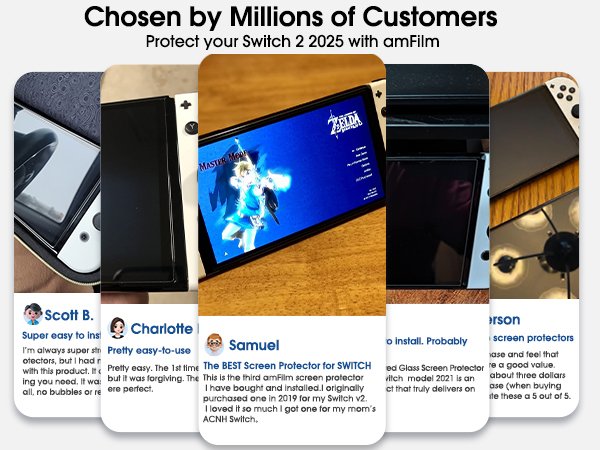Collage of Nintendo Switch consoles with screen protectors applied, featuring customer reviews.