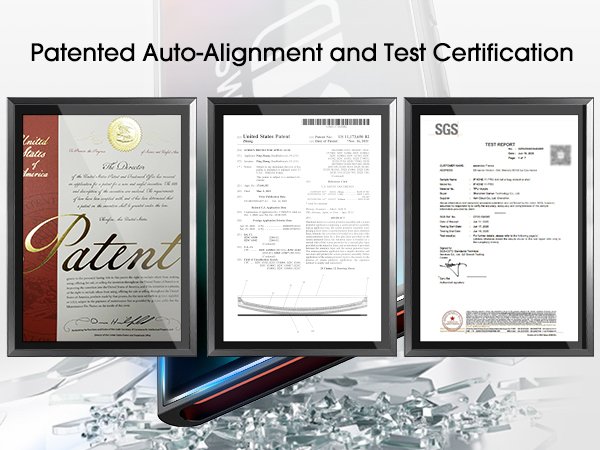 Three framed certificates: US Patent, US Patent application, and SGS Test Report, with overlay text 'Patented Auto-Alignment and Test Certification'.