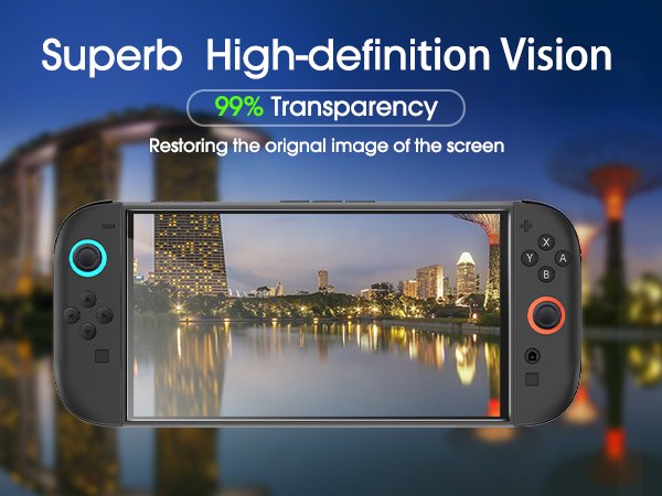 Tempered glass screen protector on a Nintendo Switch console displaying a city skyline at dusk.