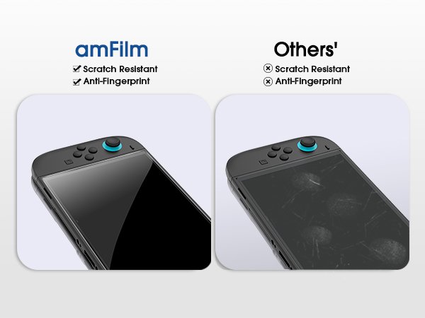 Comparison of Nintendo Switch screen protectors: one with protector showing clear screen, the other with 'Others' protector showing scratches and fingerprints.