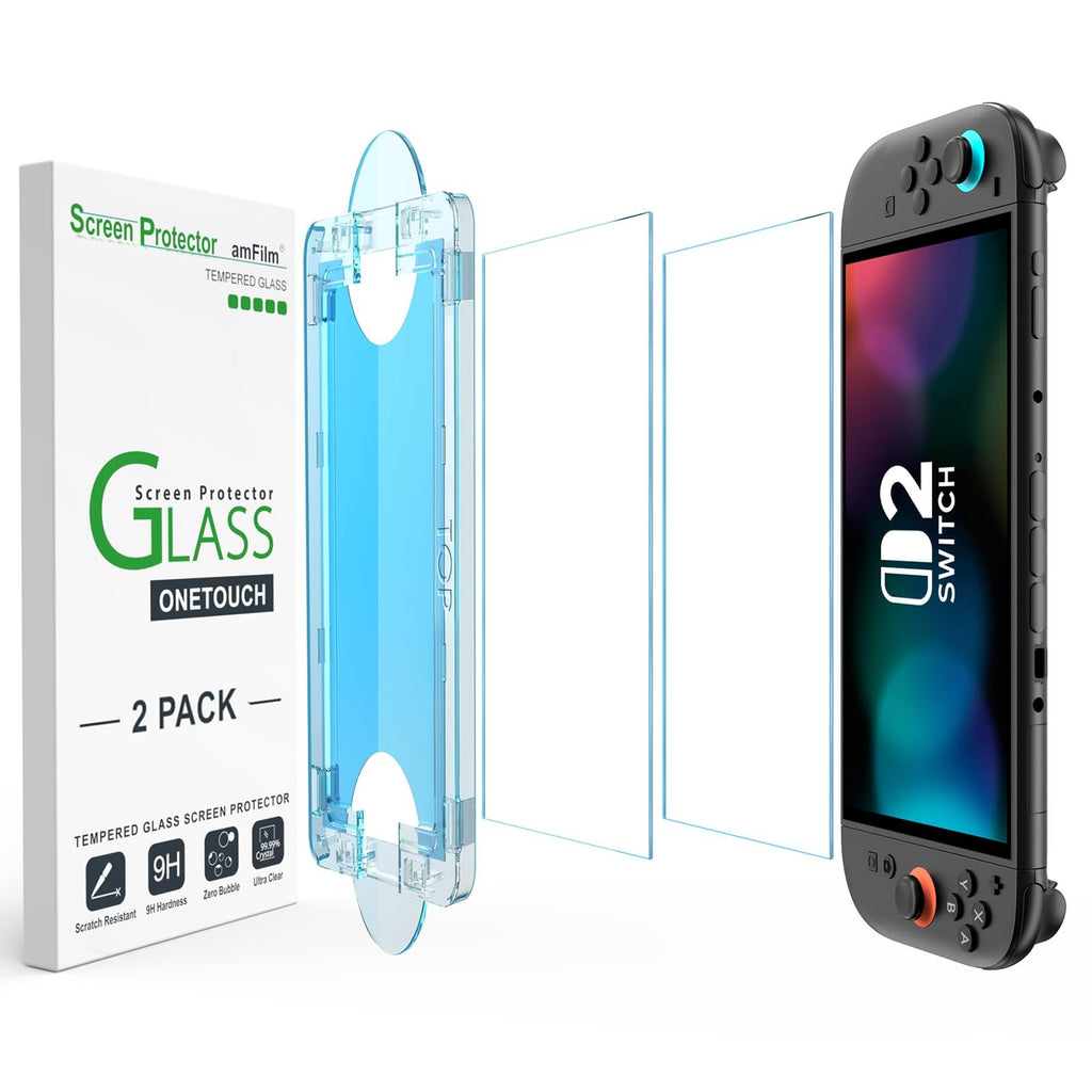 Nintendo Switch with screen protector installation kit, showing alignment tool, glass protectors, and console.