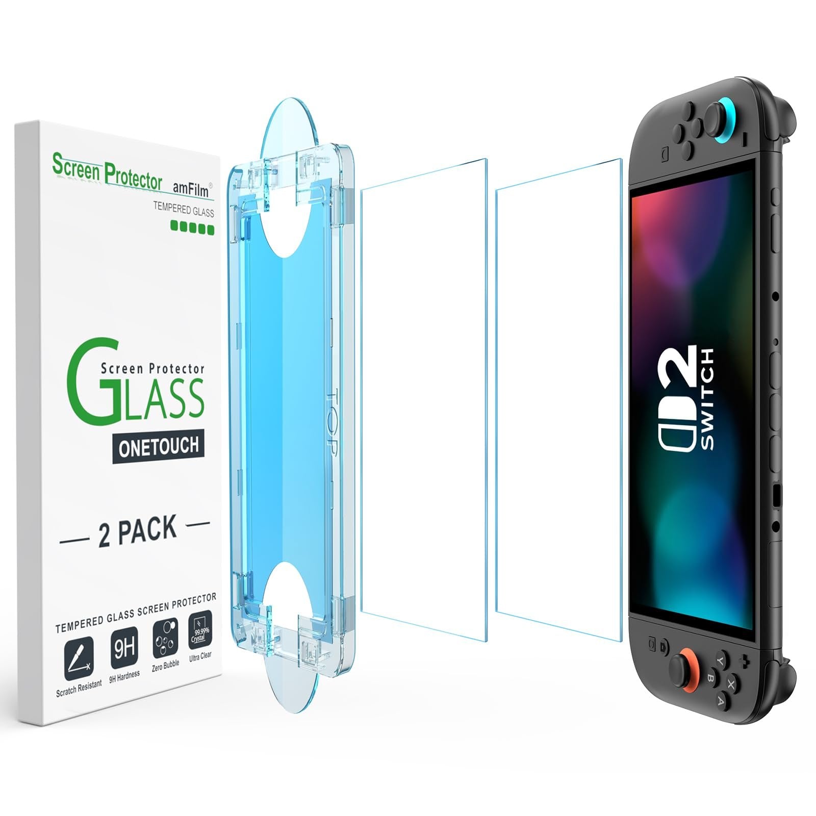 Nintendo Switch with screen protector installation kit, showing alignment tool, glass protectors, and console.
