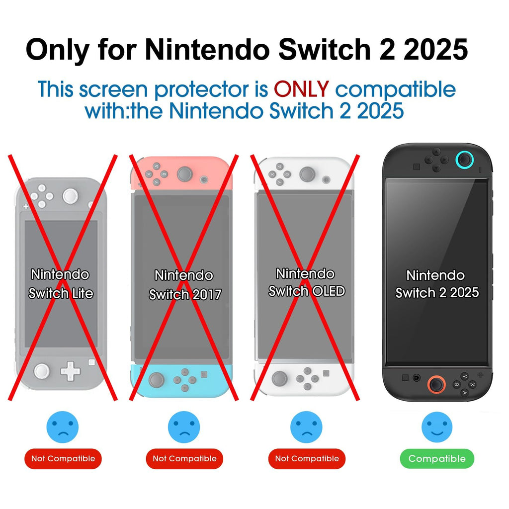 Comparison of Nintendo Switch models showing compatibility for screen protector. Nintendo Switch Lite, 2017, and OLED are marked with red X's, while Switch 2 2025 is marked as compatible.