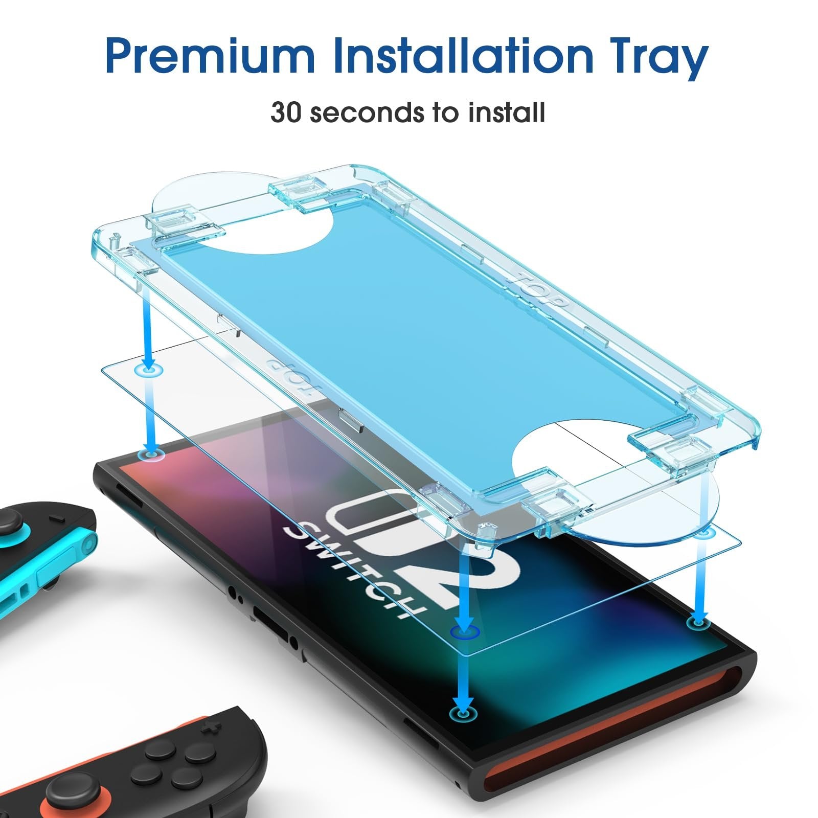 Nintendo Switch screen protector installation tray with blue guides over a Switch console and controllers