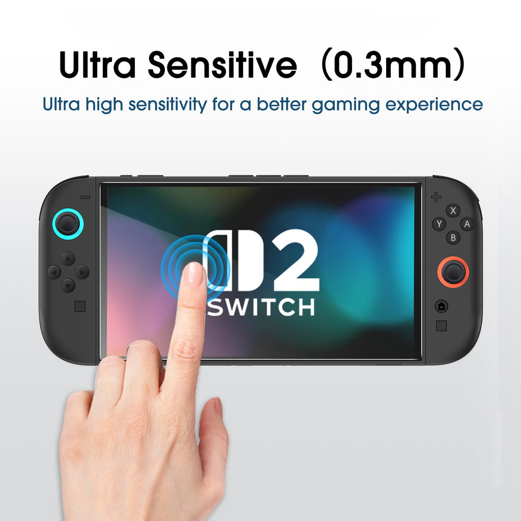 Hand touching screen protector on Nintendo Switch console, showing ultra sensitive feature.