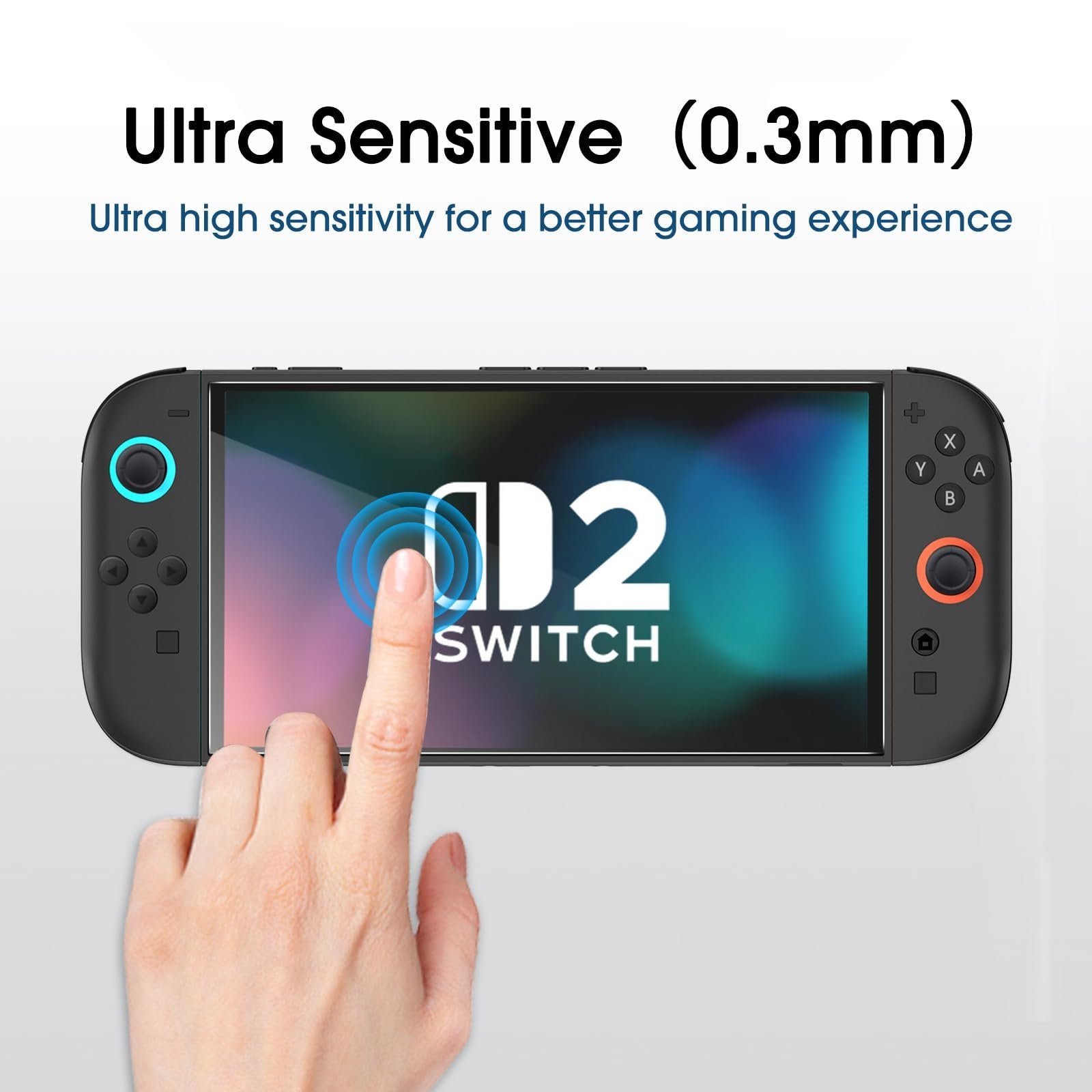 Hand touching screen protector on Nintendo Switch console, showing ultra sensitive feature.
