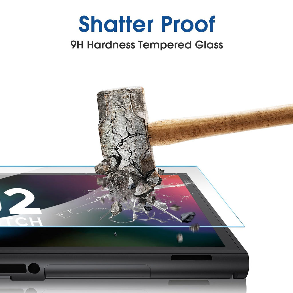 Tempered glass screen protector on Nintendo Switch 2 with a hammer impacting it, showing shatter proof quality.