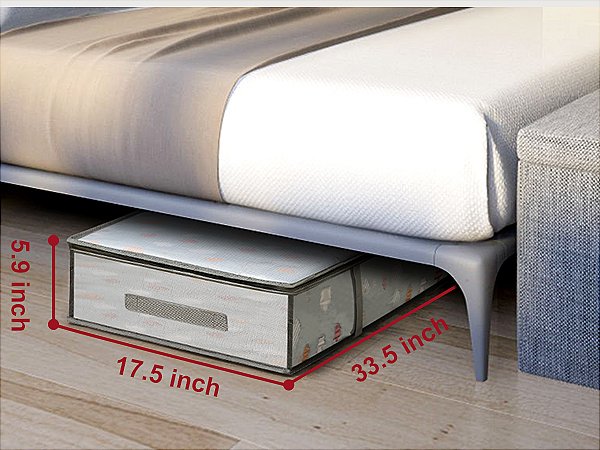 Under bed storage container shown with dimensions 33.5 inch length, 17.5 inch width, and 5.9 inch height.