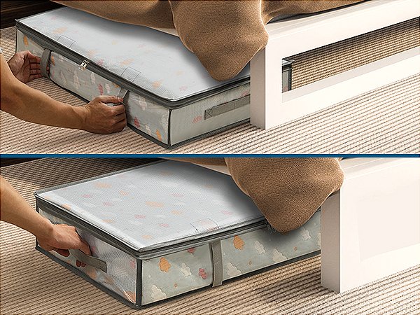 Hands zipping and pulling under bed storage container with handles, showing clear top and patterned sides.