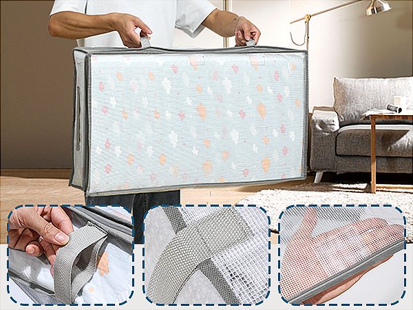 Person holding a clear under-bed storage container with handles, showing close-ups of the handles and mesh fabric.