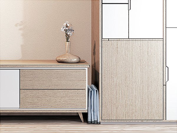 Modern wooden dresser with a vase of flowers on top, next to a tall cabinet with folded blue towels.