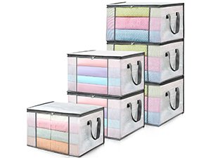 Stack of six fabric under bed storage containers filled with folded colorful linens, on a white background.