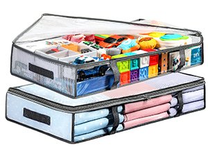 Two under bed storage containers, one open filled with toys, the other closed with folded blankets.