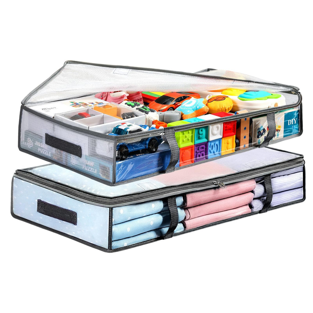 Two fabric storage containers, one filled with toys and the other with folded clothes, shown from a side angle.