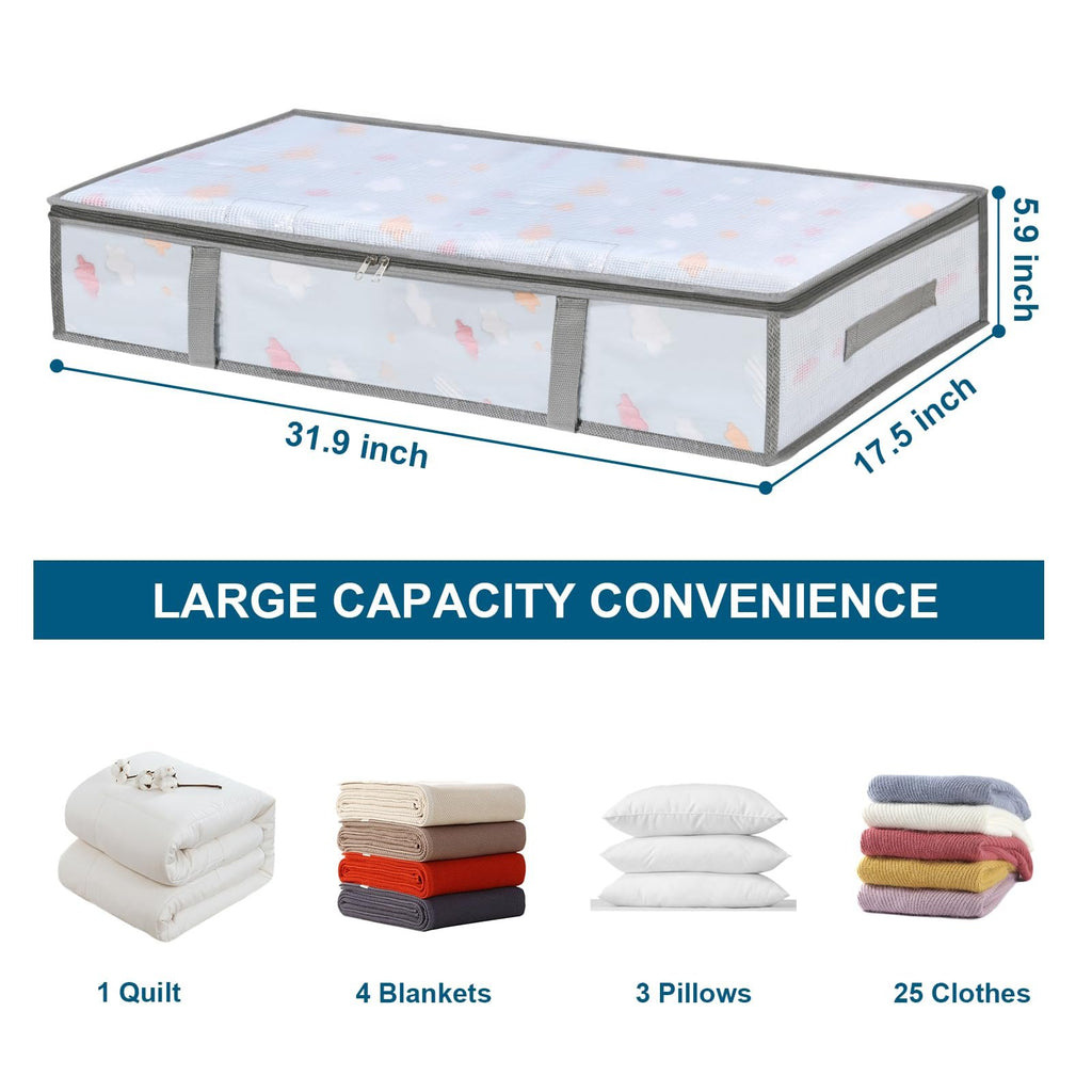 Under bed storage container with dimensions labeled, showing capacity for bedding and clothing.