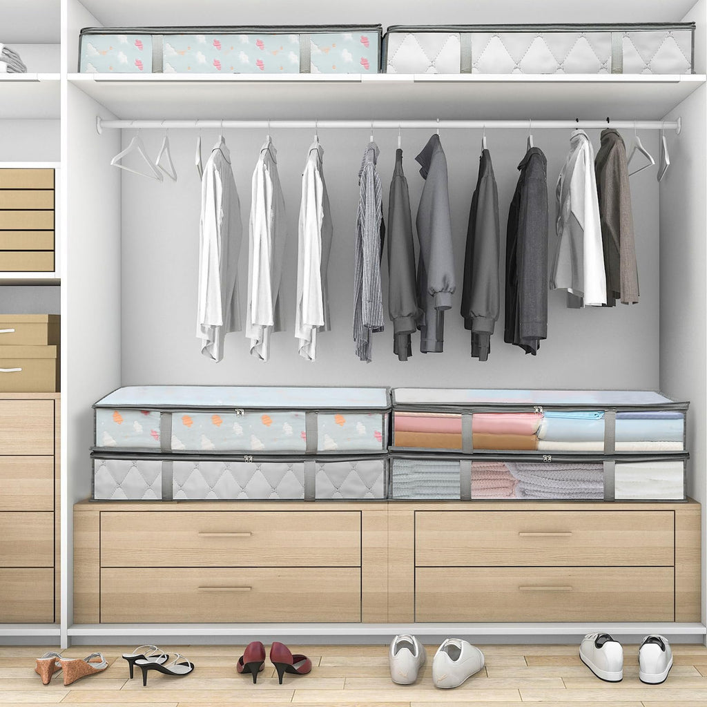 Under bed storage containers with handles organized in a closet with hanging clothes and shoes below.