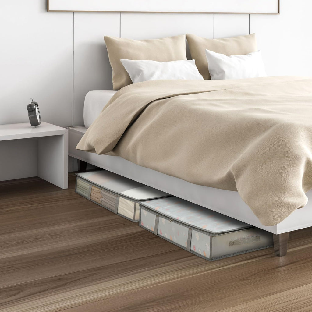 Under bed storage containers with handles shown in a bedroom setting under a bed.