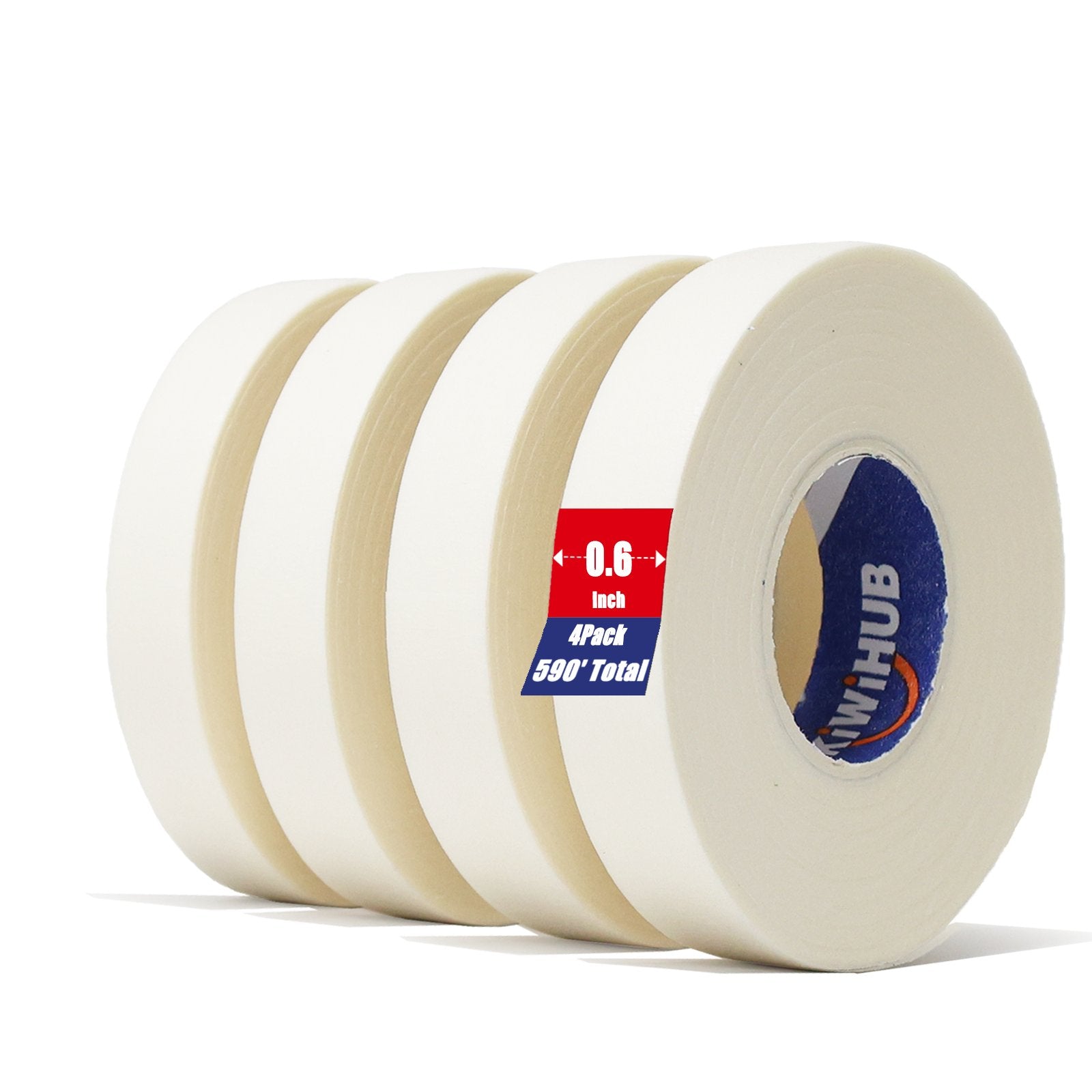 Four rolls of white artist tape on a white background, one roll shows a blue core with branding.