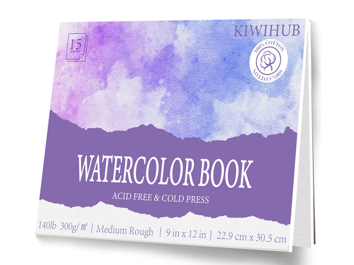 Watercolor book cover with purple and blue abstract watercolor design, showing 'WATERCOLOR BOOK' and product specifications.