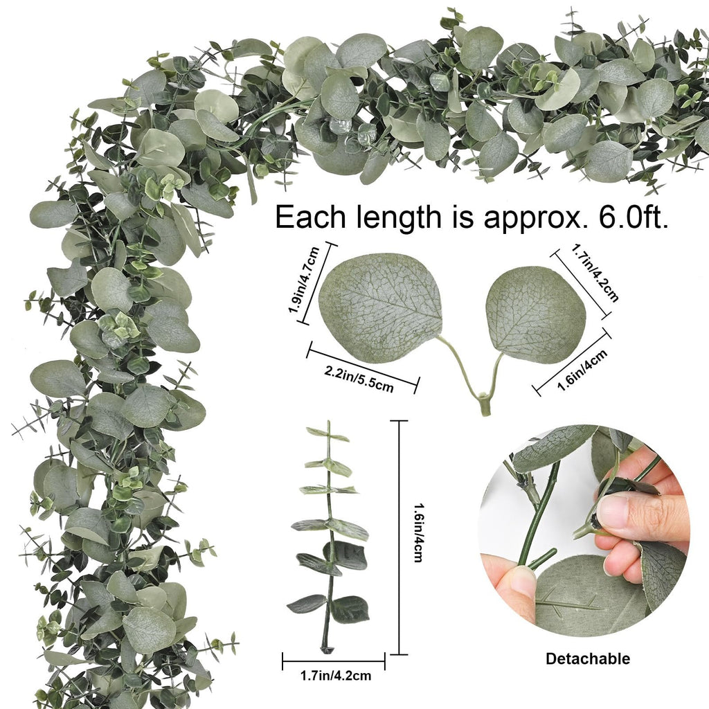 Artificial eucalyptus garland with detailed leaf and stem close-ups showing dimensions and detachability.