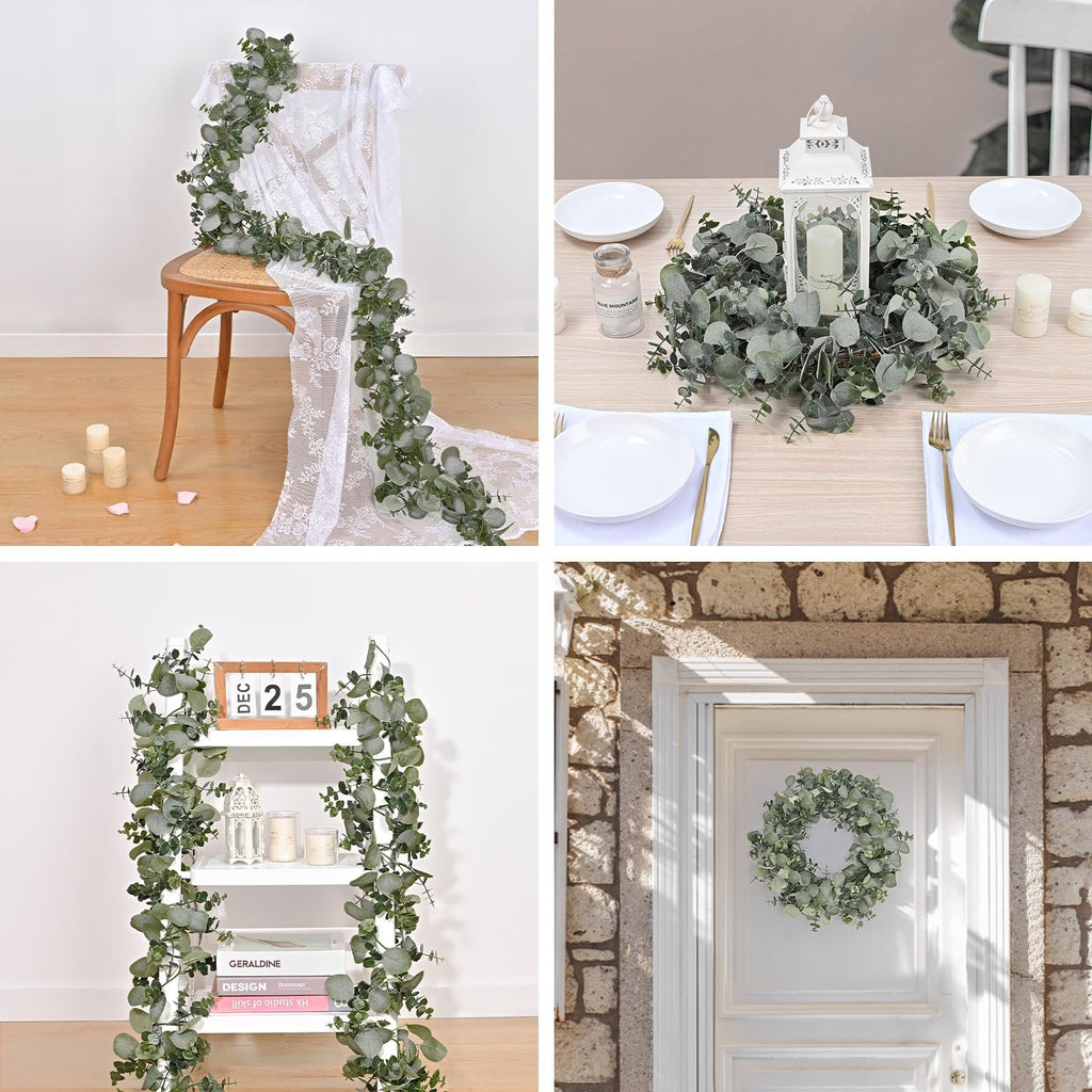 Artificial eucalyptus garland draped on a chair and table, and a wreath on a door.