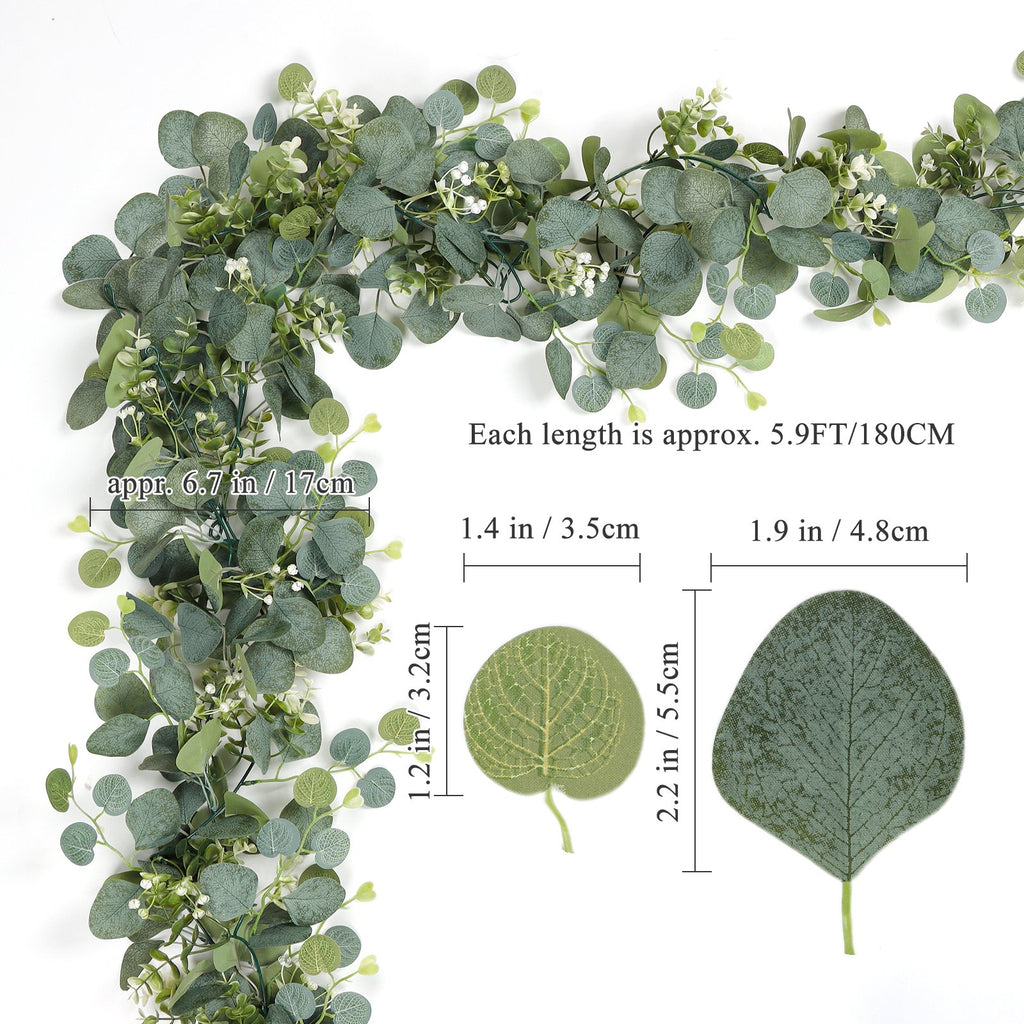 Artificial eucalyptus garland with silver dollar, boxwood, and white flowers, shown with size dimensions.