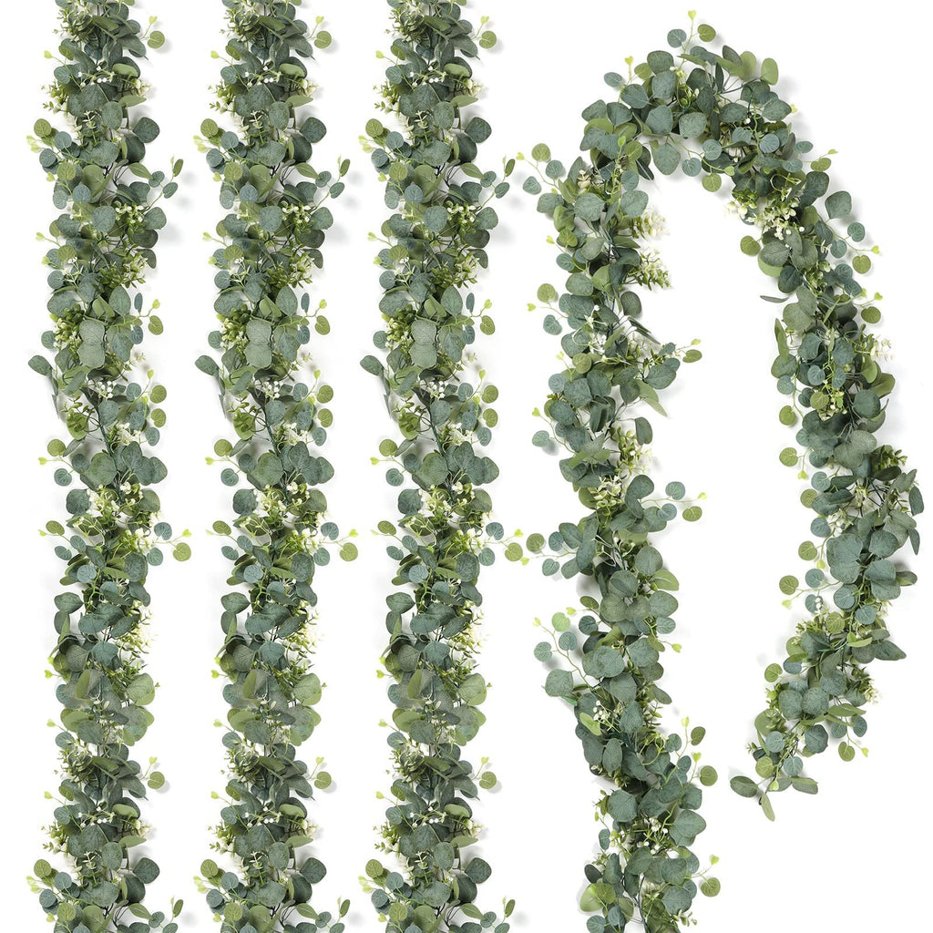 Artificial eucalyptus garland with silver dollar leaves and small white flowers, displayed in a curved arrangement on a white background.
