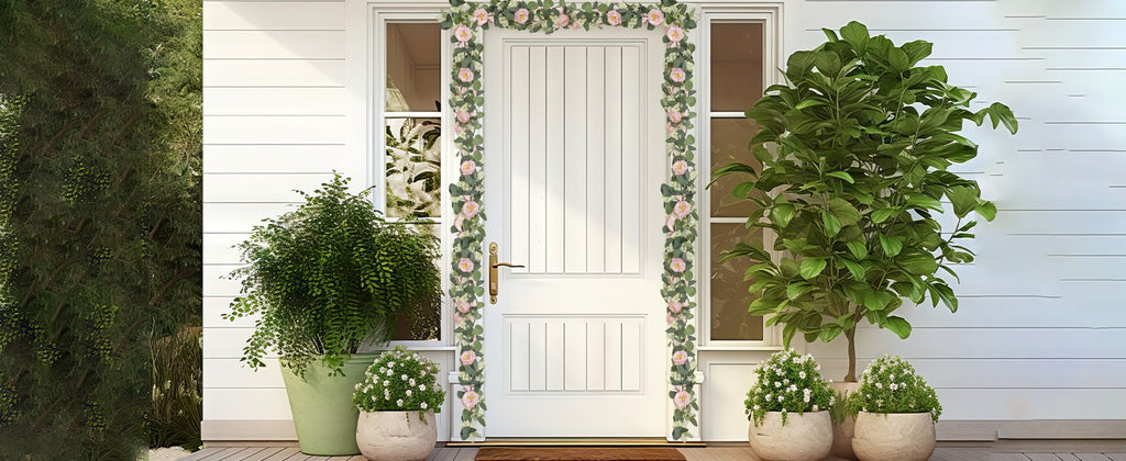 Artificial eucalyptus garland with pink roses and white flowers draped around a white door and window frame, flanked by potted plants.
