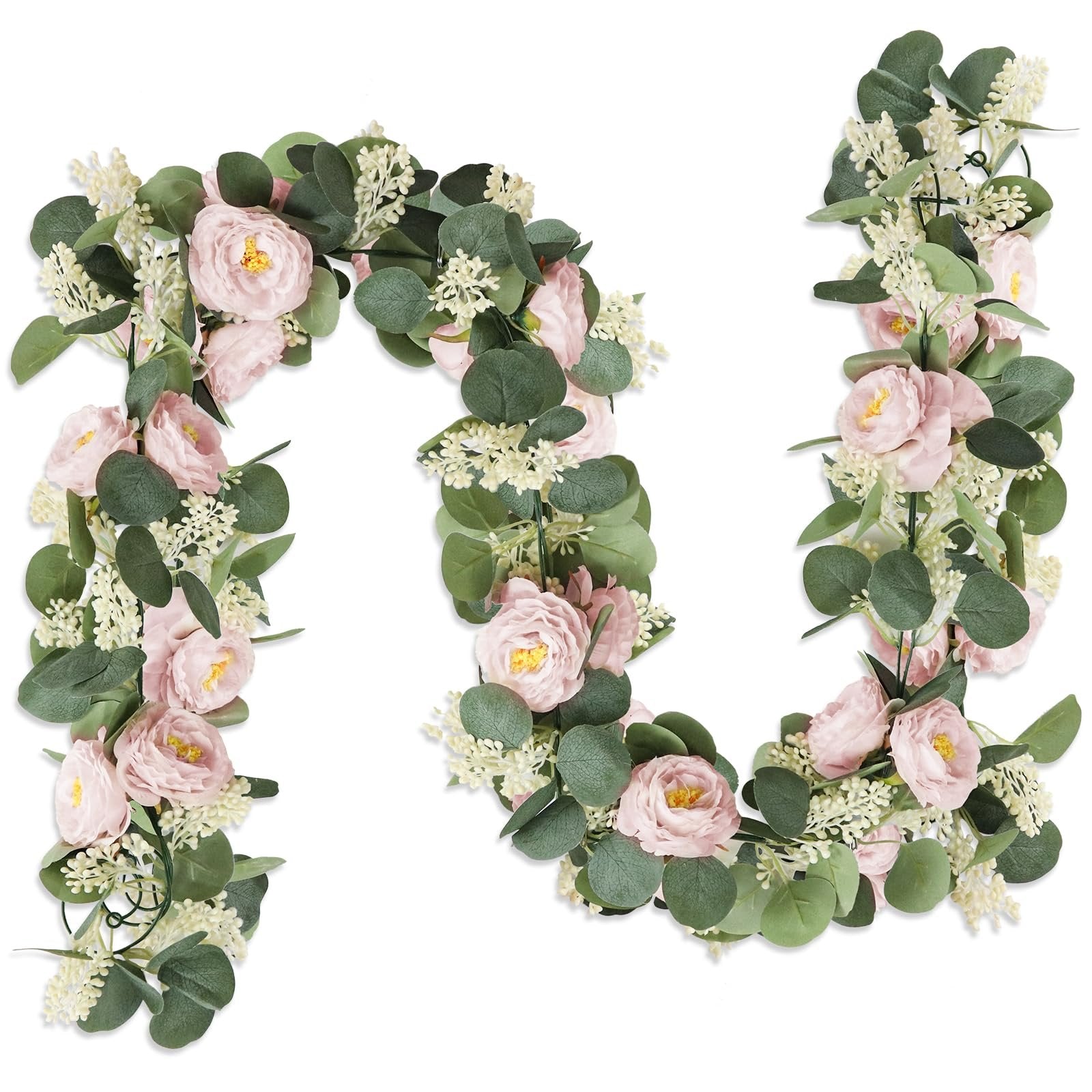 Artificial eucalyptus garland with pink roses and white flowers on a white background