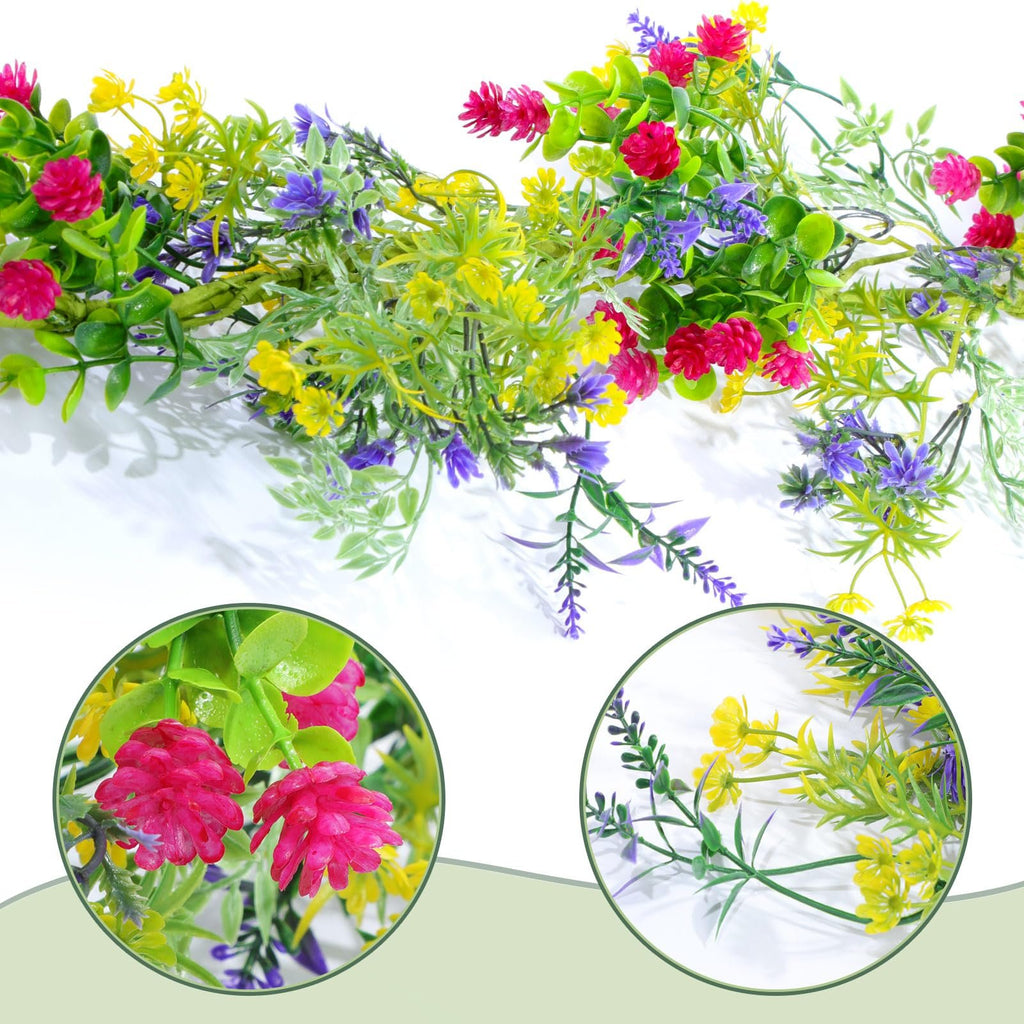 Artificial wildflower garland with pink, yellow, and purple flowers and green leaves, shown with close-up insets of flowers.