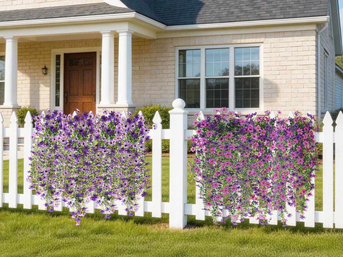 Two bunches of artificial purple and pink flowers cascading over a white picket fence in front of a house.