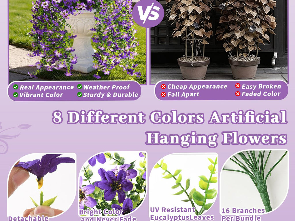 Comparison of artificial hanging flowers: purple flowers in a planter vs. brown dried plants, with feature callouts and close-ups of details.
