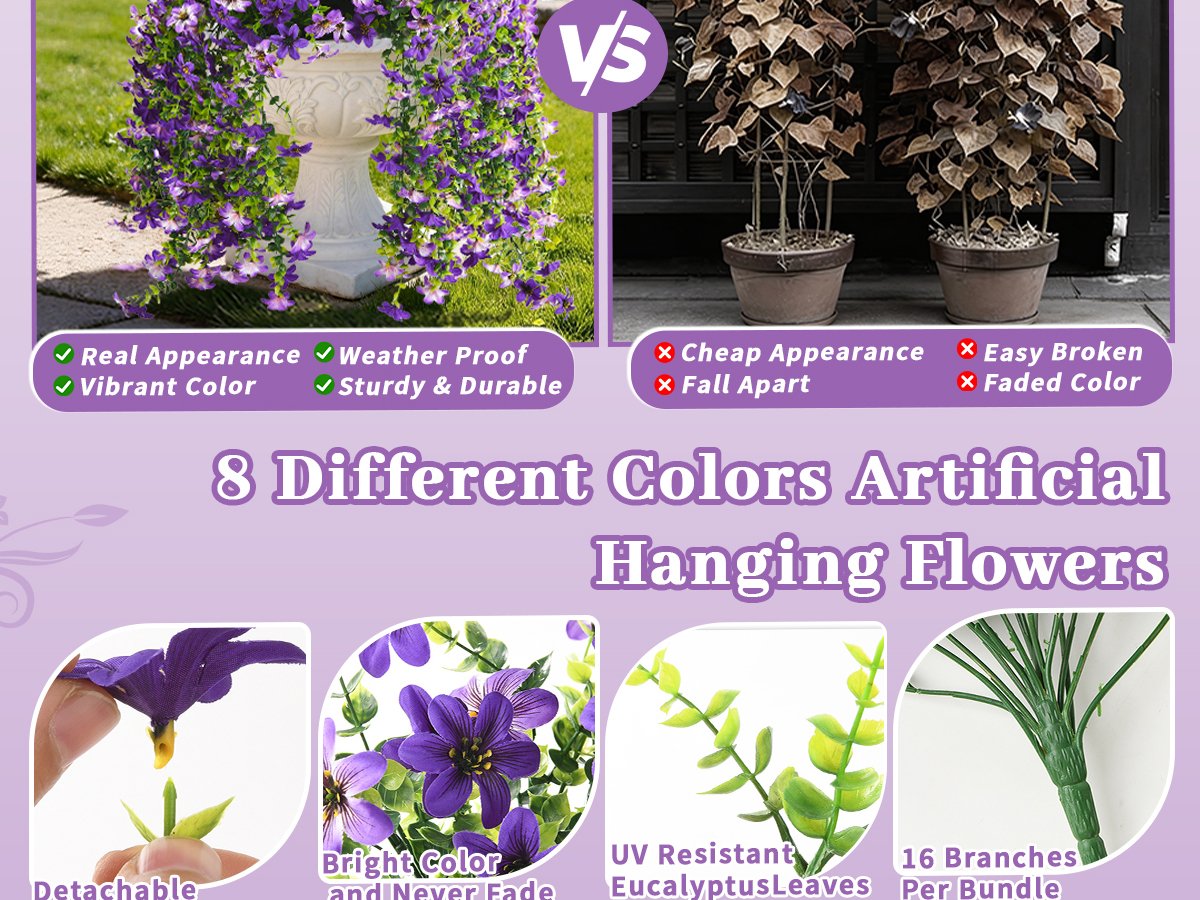 Comparison of artificial hanging flowers: purple flowers in a planter vs. brown dried plants, with feature callouts and close-ups of details.