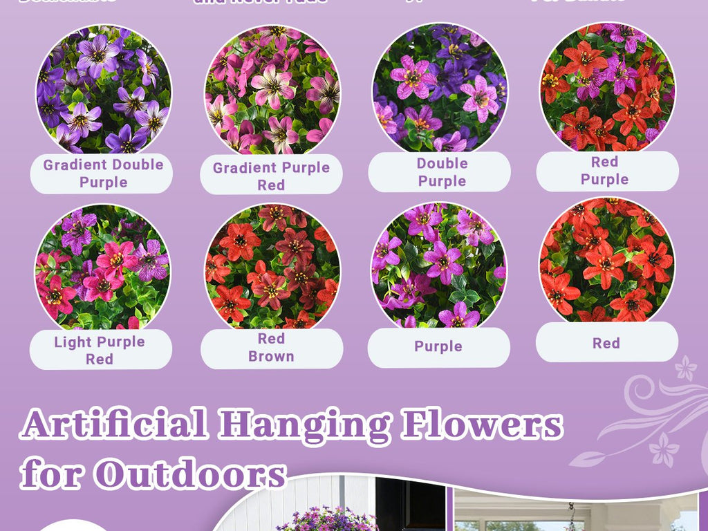 Eight circular displays of artificial hanging flowers in various colors, with text labels below each.