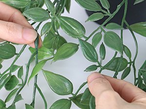 Close-up of hands arranging artificial green mandala vine leaves on a white background.
