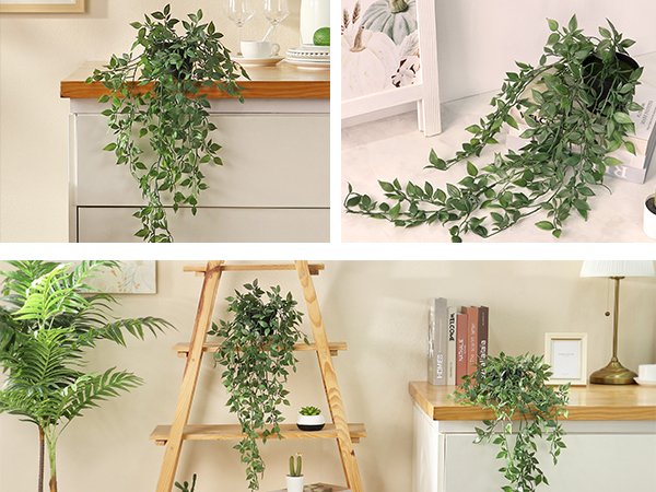Four arrangements of artificial green hanging plants on shelves and furniture.