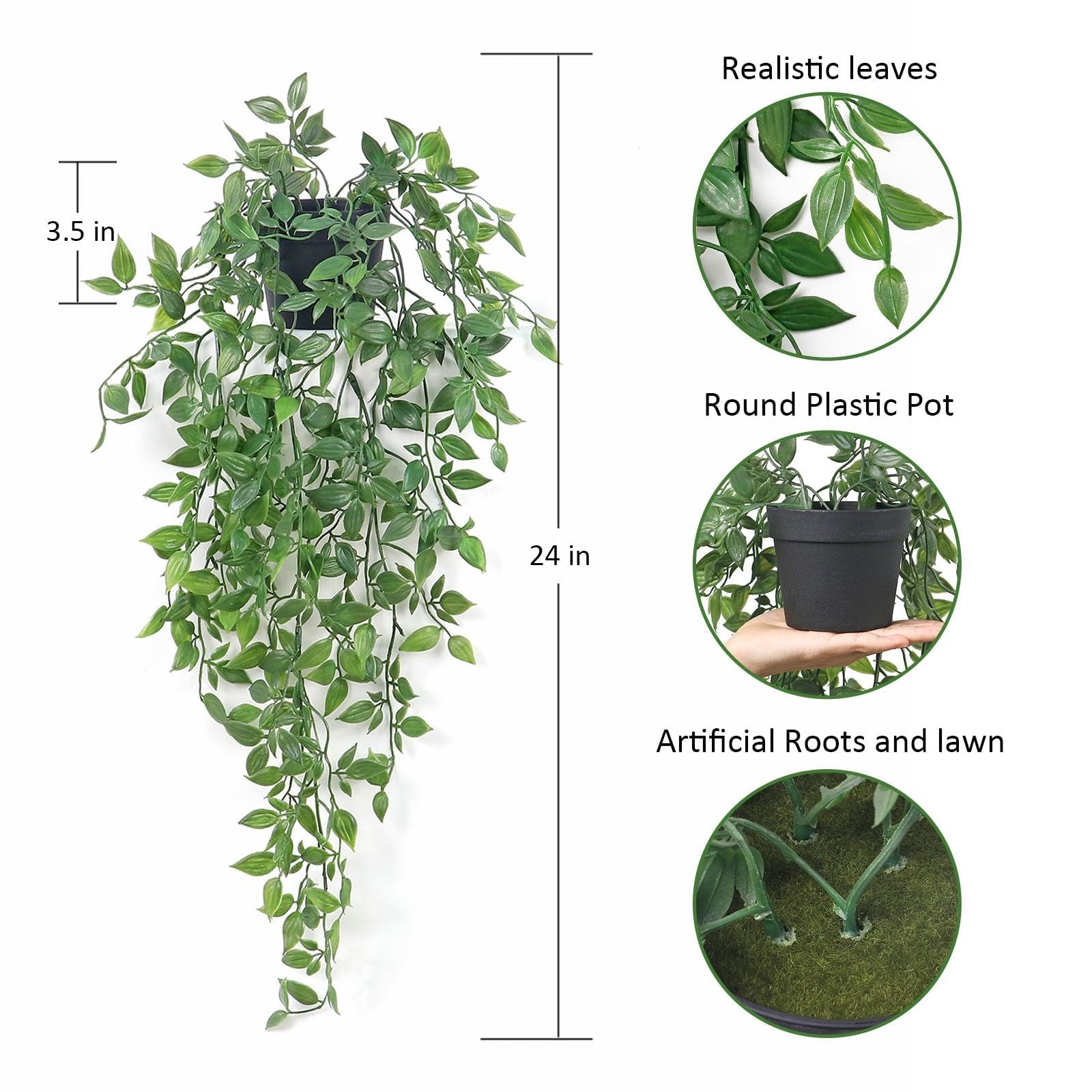 24-inch artificial mandala vine plant in a black pot, shown with close-ups of realistic leaves, pot, and roots.