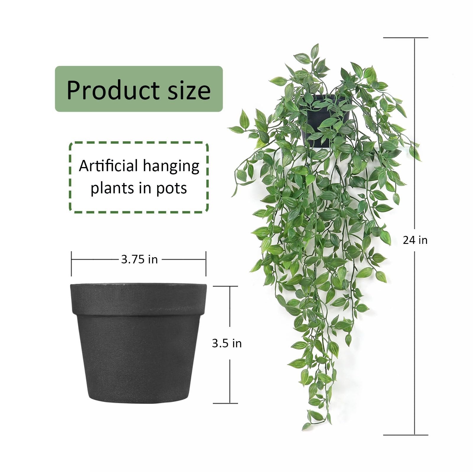Artificial hanging plants in a black pot with dimensions shown, 24-inch length