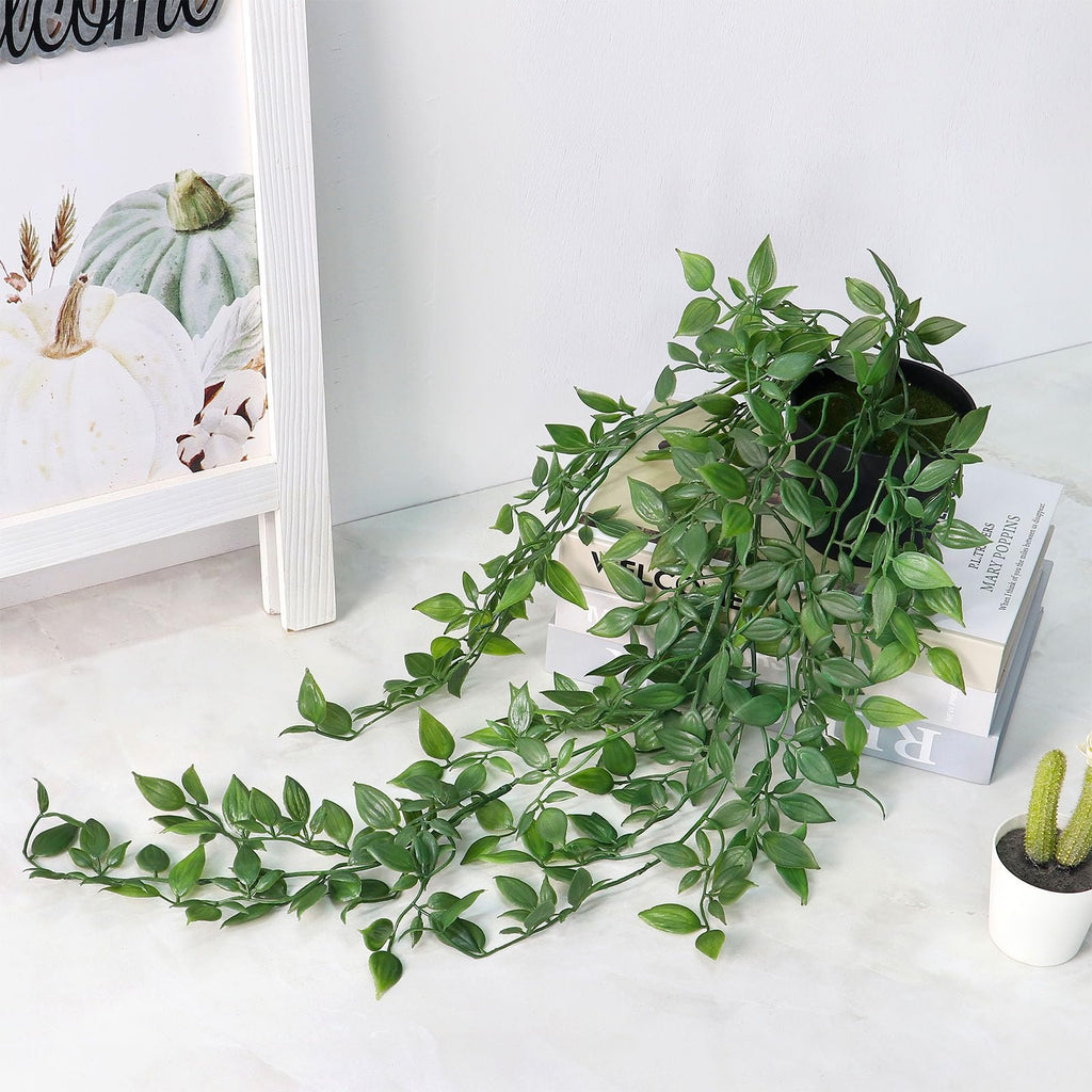 Potted artificial mandala vine plant with green leaves cascading over books and a decorative sign.