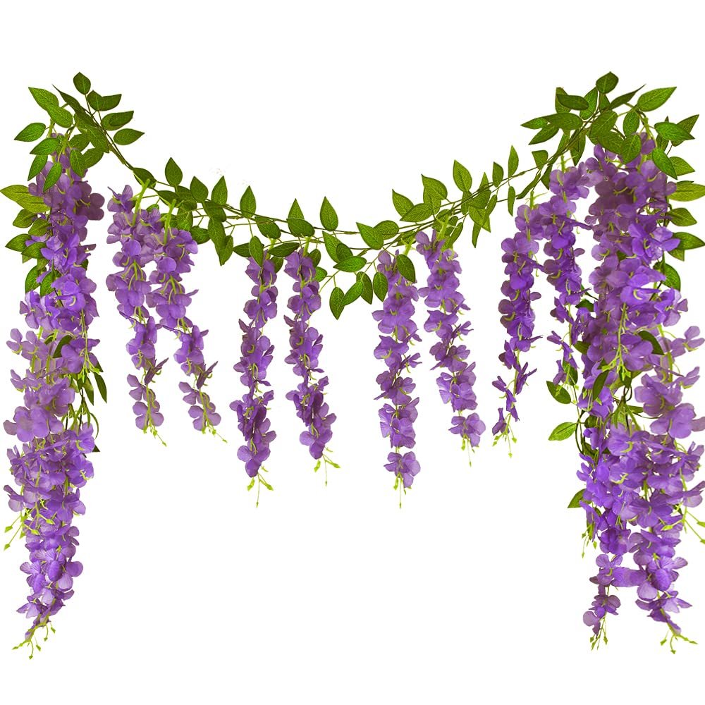 Two artificial wisteria vines with purple silk flowers and green leaves, displayed against a white background.