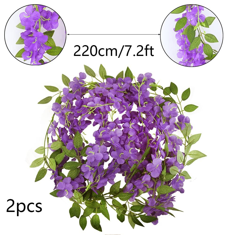 Two artificial wisteria hanging vines with purple silk flowers and green leaves, shown coiled with measurement indicators.