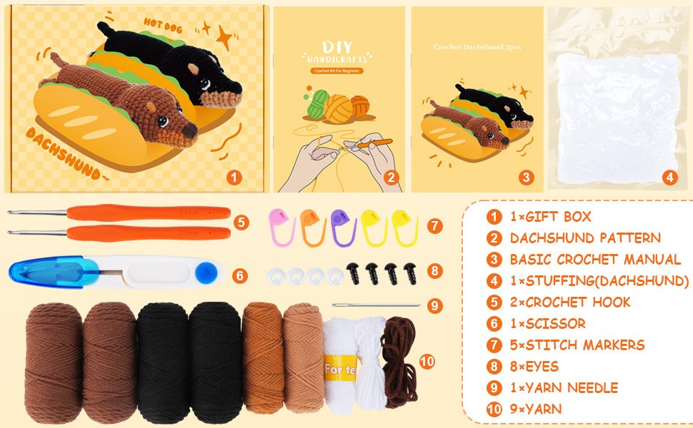 Crochet dachshund kit contents including yarn, crochet hooks, scissors, stuffing, and pattern.