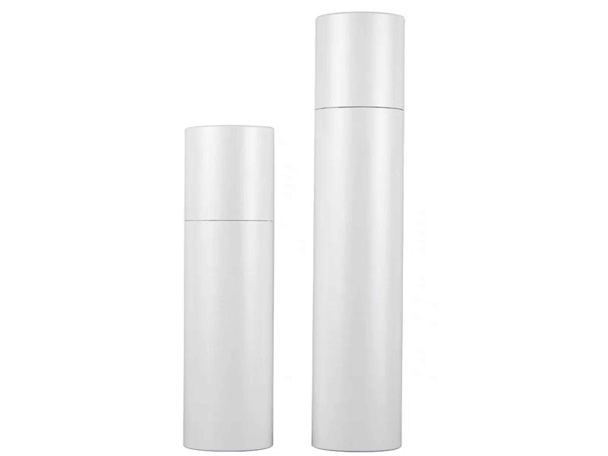 Two white cylindrical bottles of different heights against a white background