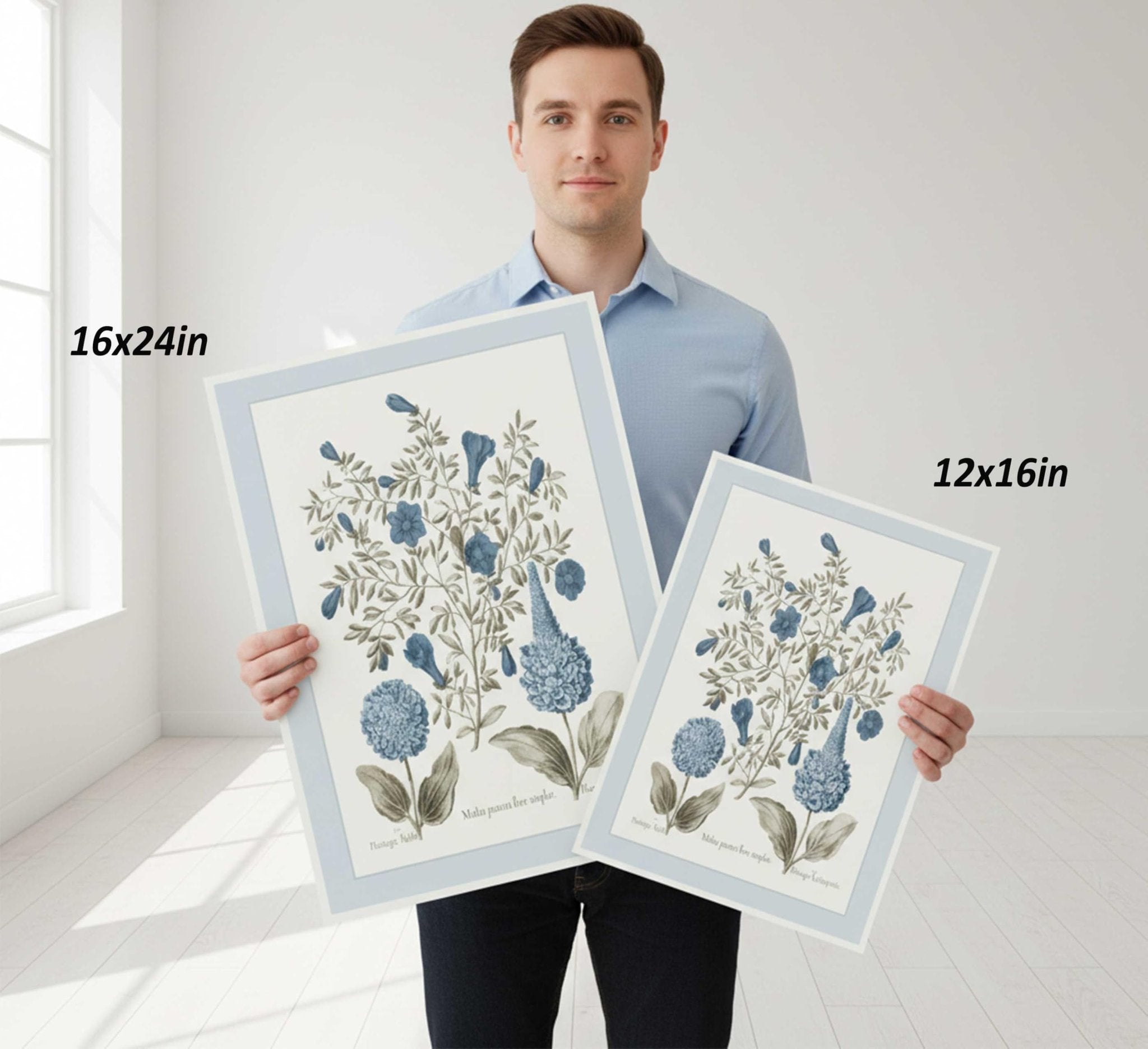 Man holding two unframed floral canvas wall art prints, one 16x24 inches and one 12x16 inches, with botanical illustrations.