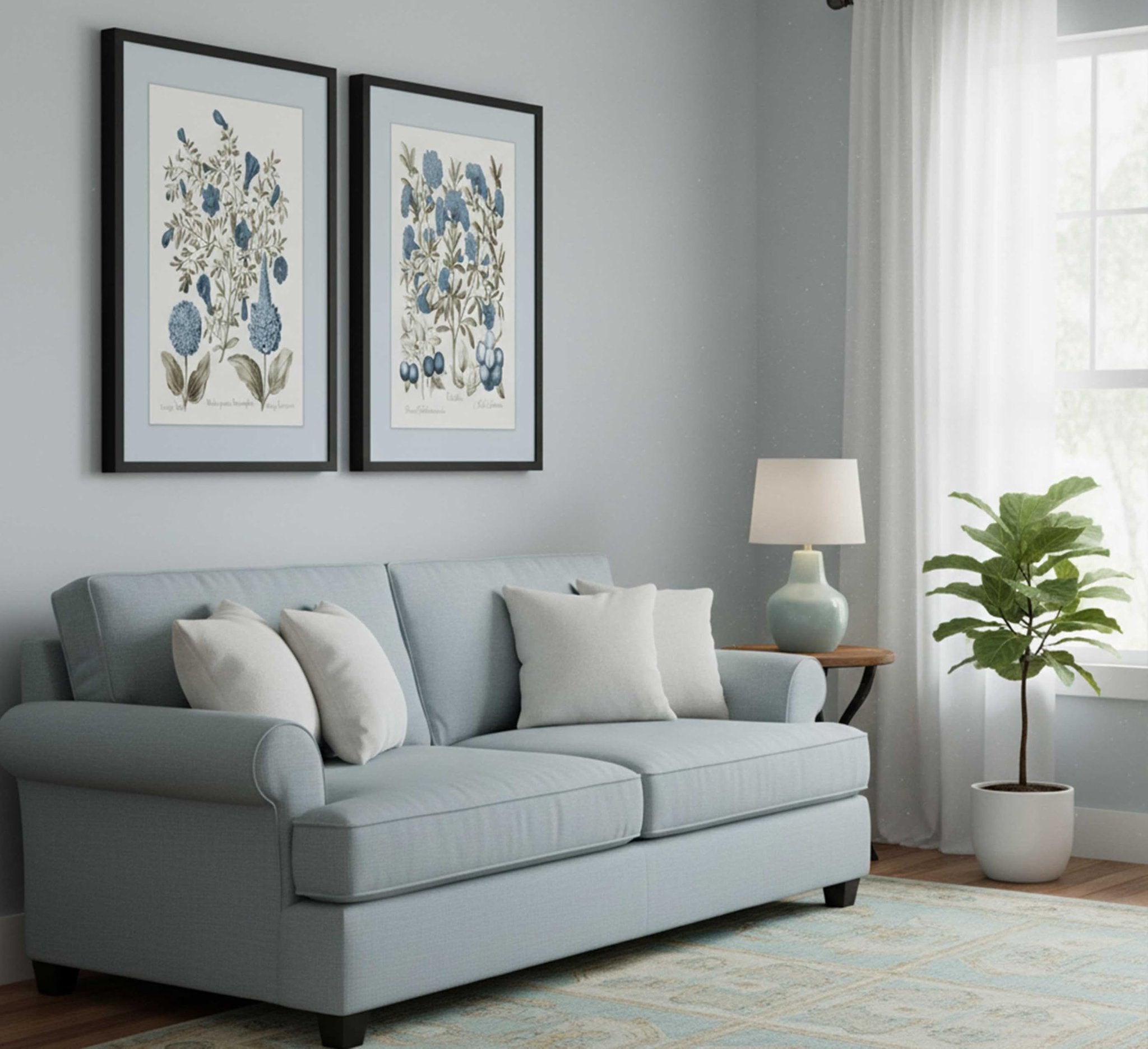 Two framed botanical prints of blue flowers and plants hang above a light blue sofa with white pillows in a living room setting.
